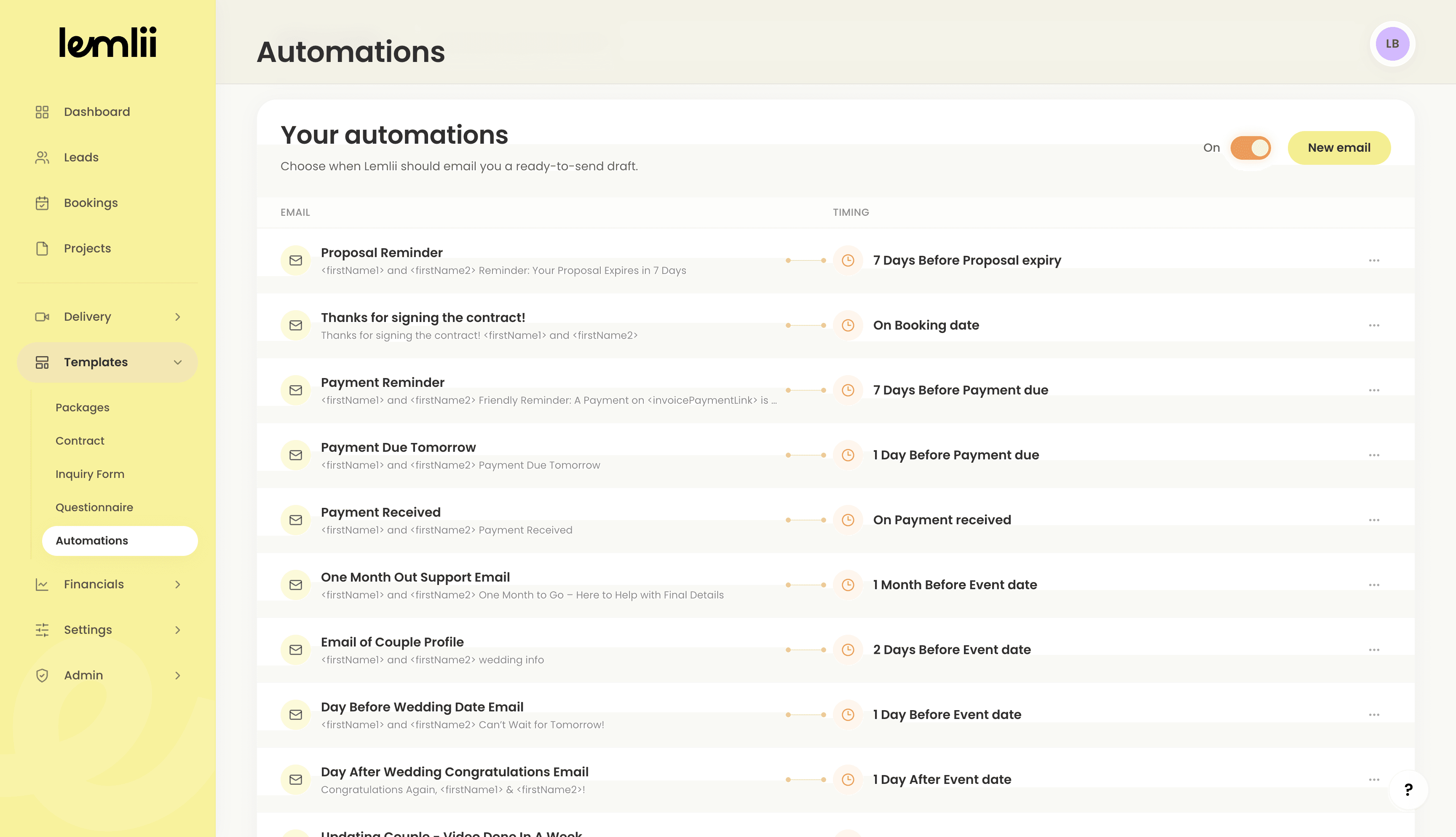 Lemlii Your automations page showing emails connected to their timing and the active automation toggle