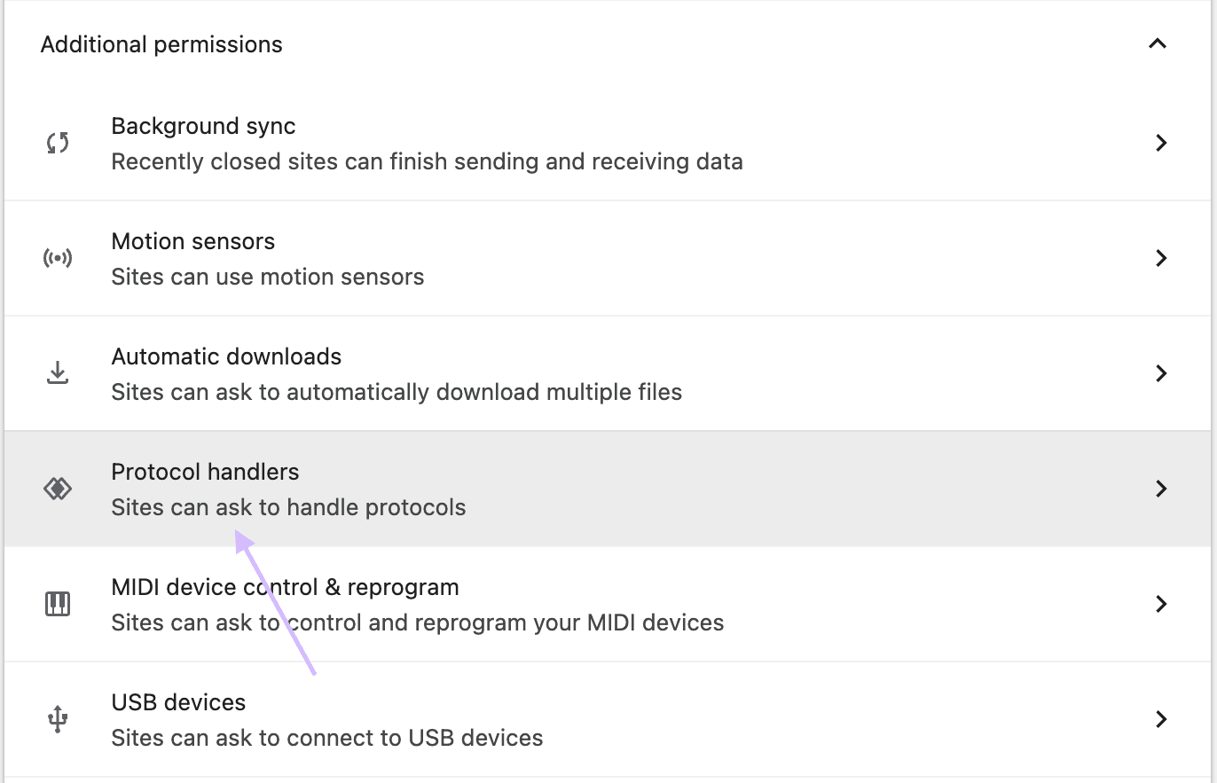 Google Chrome Protocol handlers settings with Sites can ask to handle protocols selected.