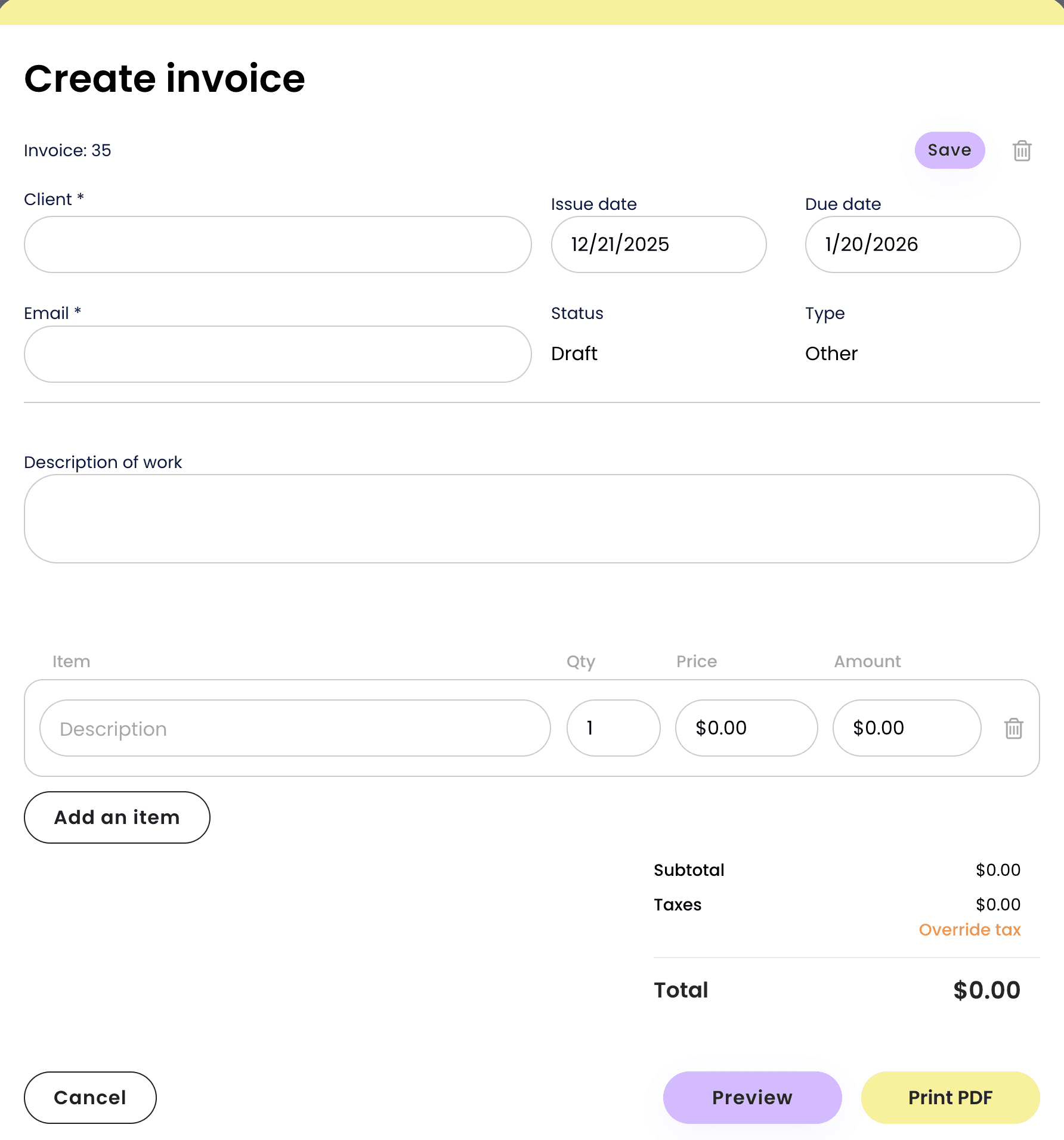Create invoice modal in Lemlii