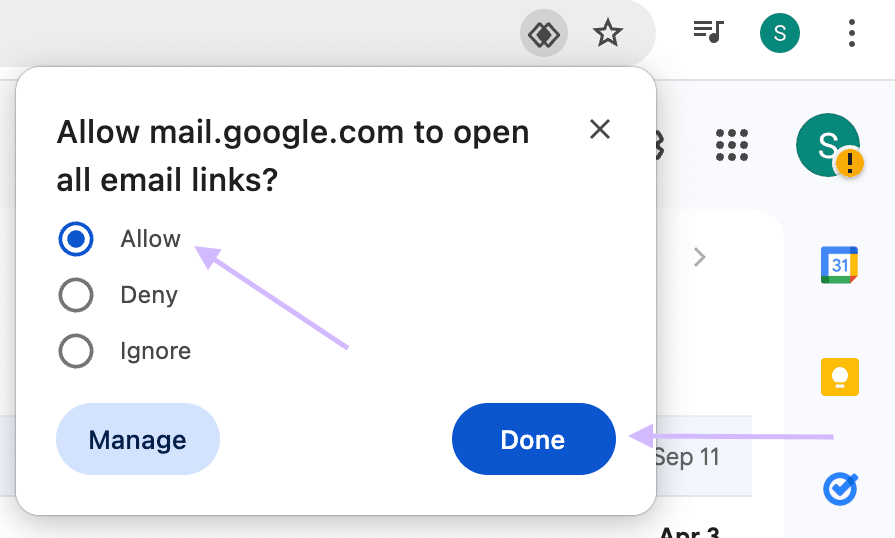 Gmail address bar prompt asking to allow mail.google.com to open email links.