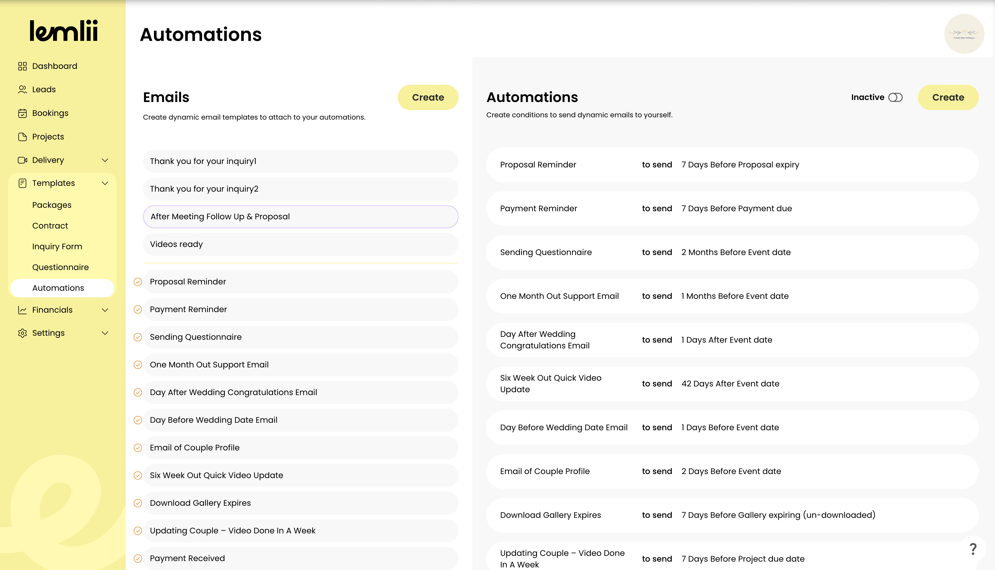 Automations page showing Built-in emails, Your automations, and Add timing.