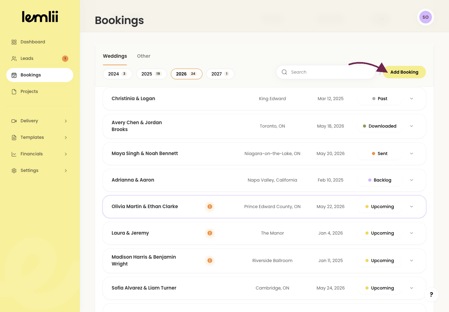 Lemlii Bookings page with an arrow pointing to the Add Booking button.