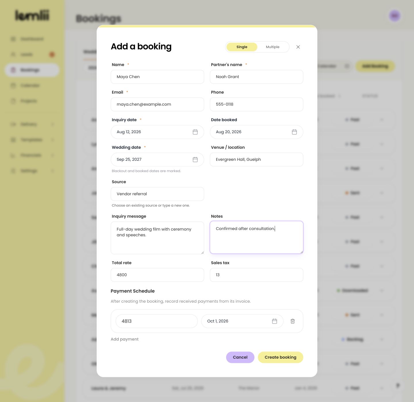Lemlii new booking form showing fictional total rate, sales tax, and payment schedule rows before the booking is created.