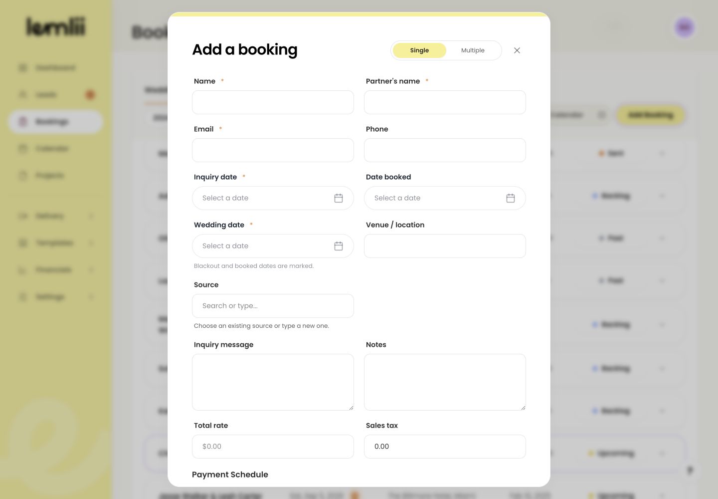 Lemlii Weddings tab with Add Booking and a new booking form open