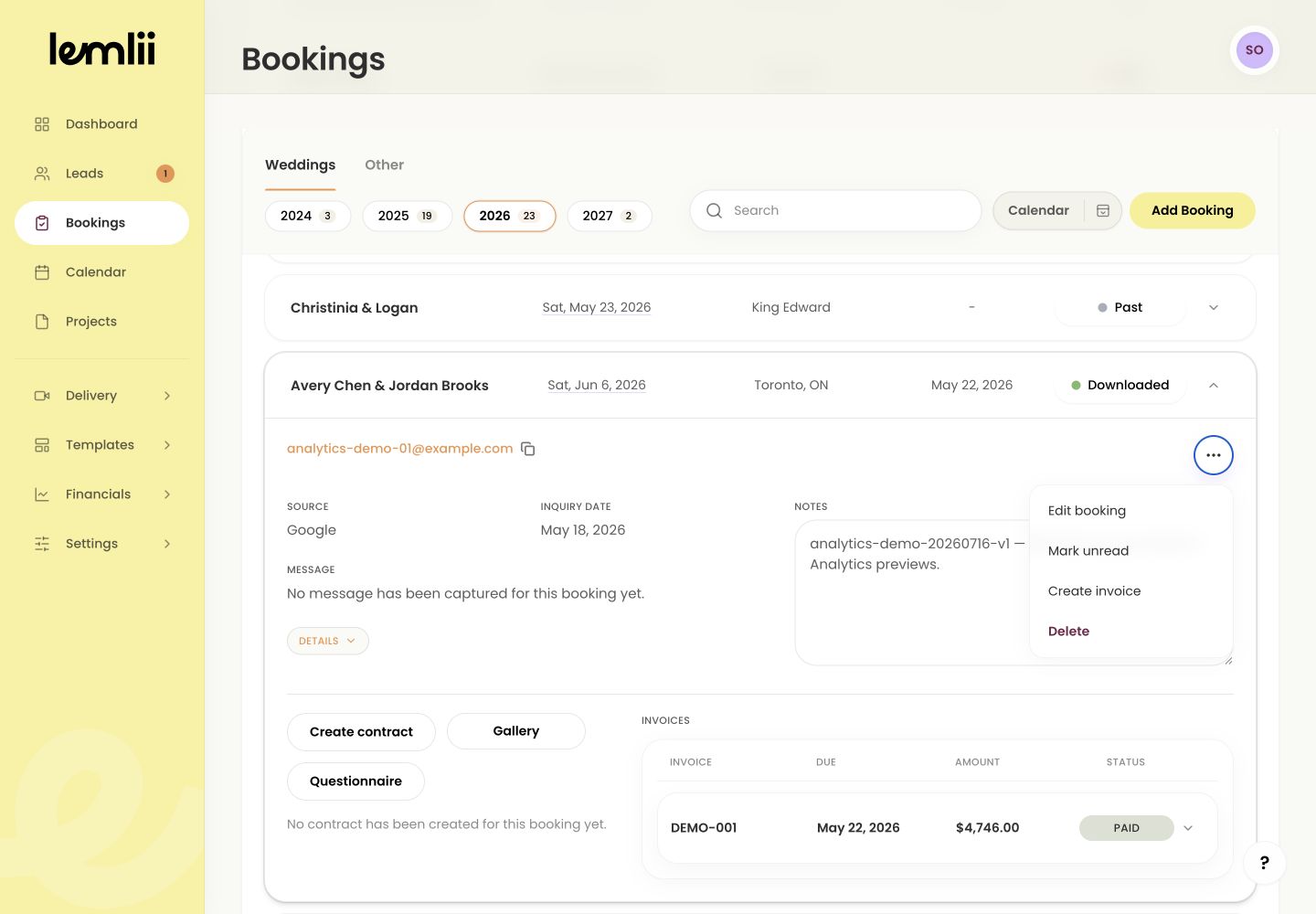 Lemlii archived booking showing notes, invoices, and connected actions still available