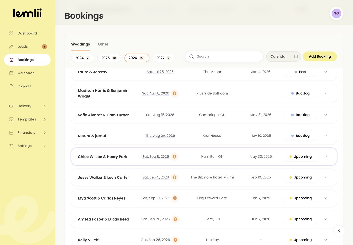 Lemlii Bookings showing the moved lead as a focused wedding or other booking with its details preserved