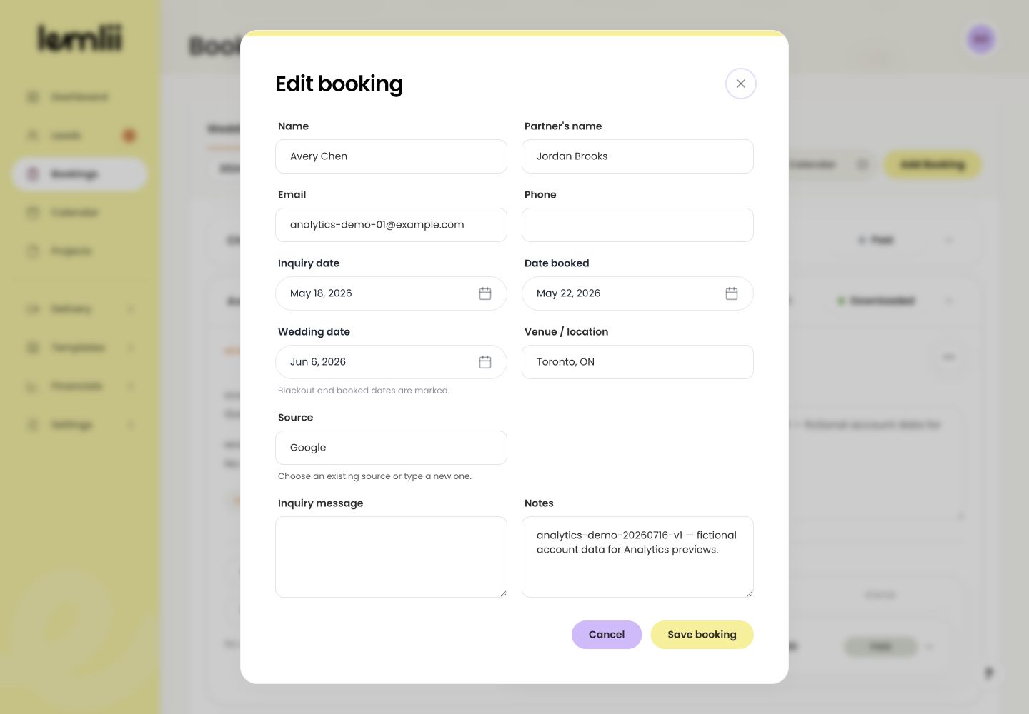 Expanded Lemlii booking showing Edit booking in Booking actions and Archive in the status menu