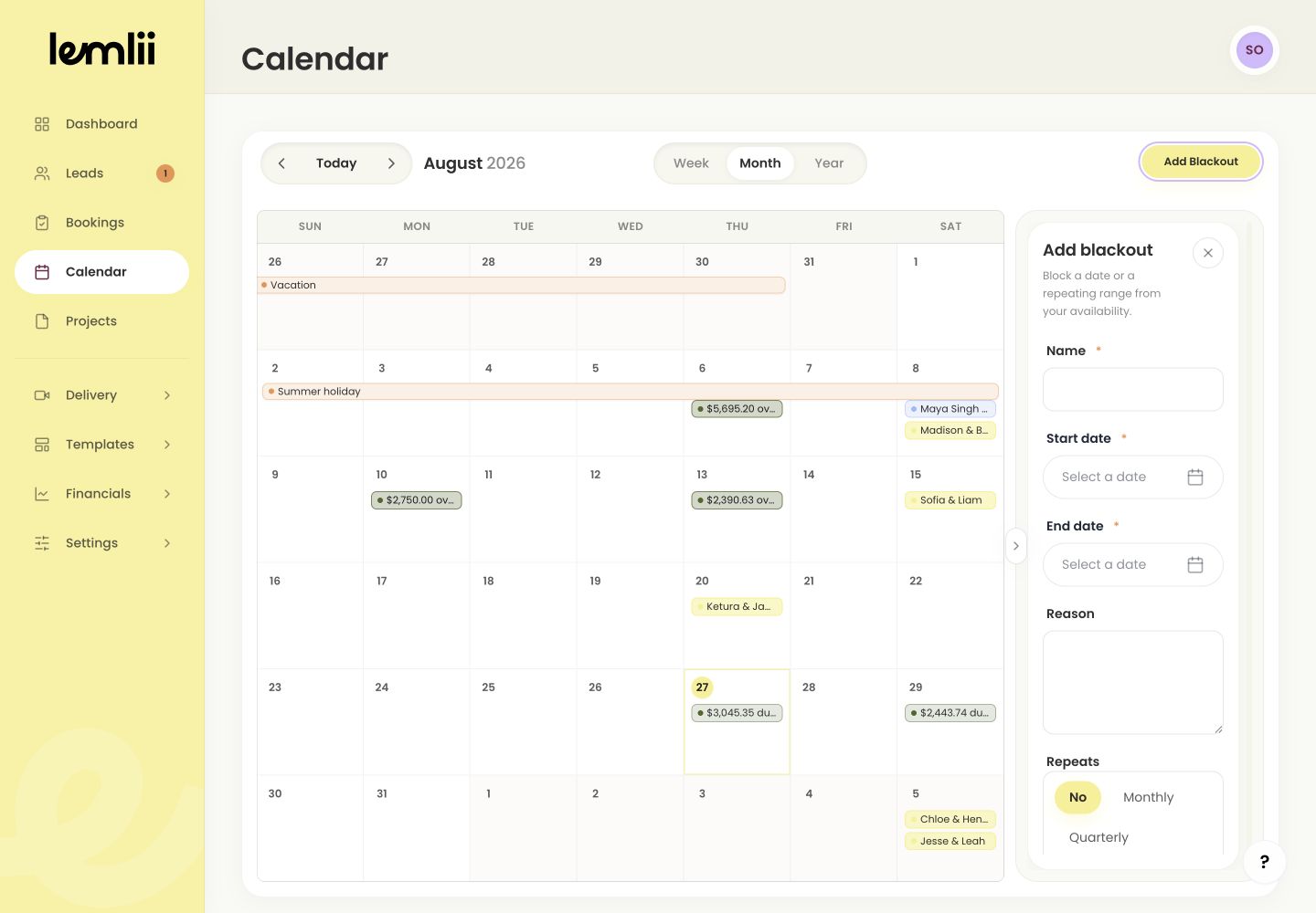 Lemlii Calendar with the Add Blackout button identified