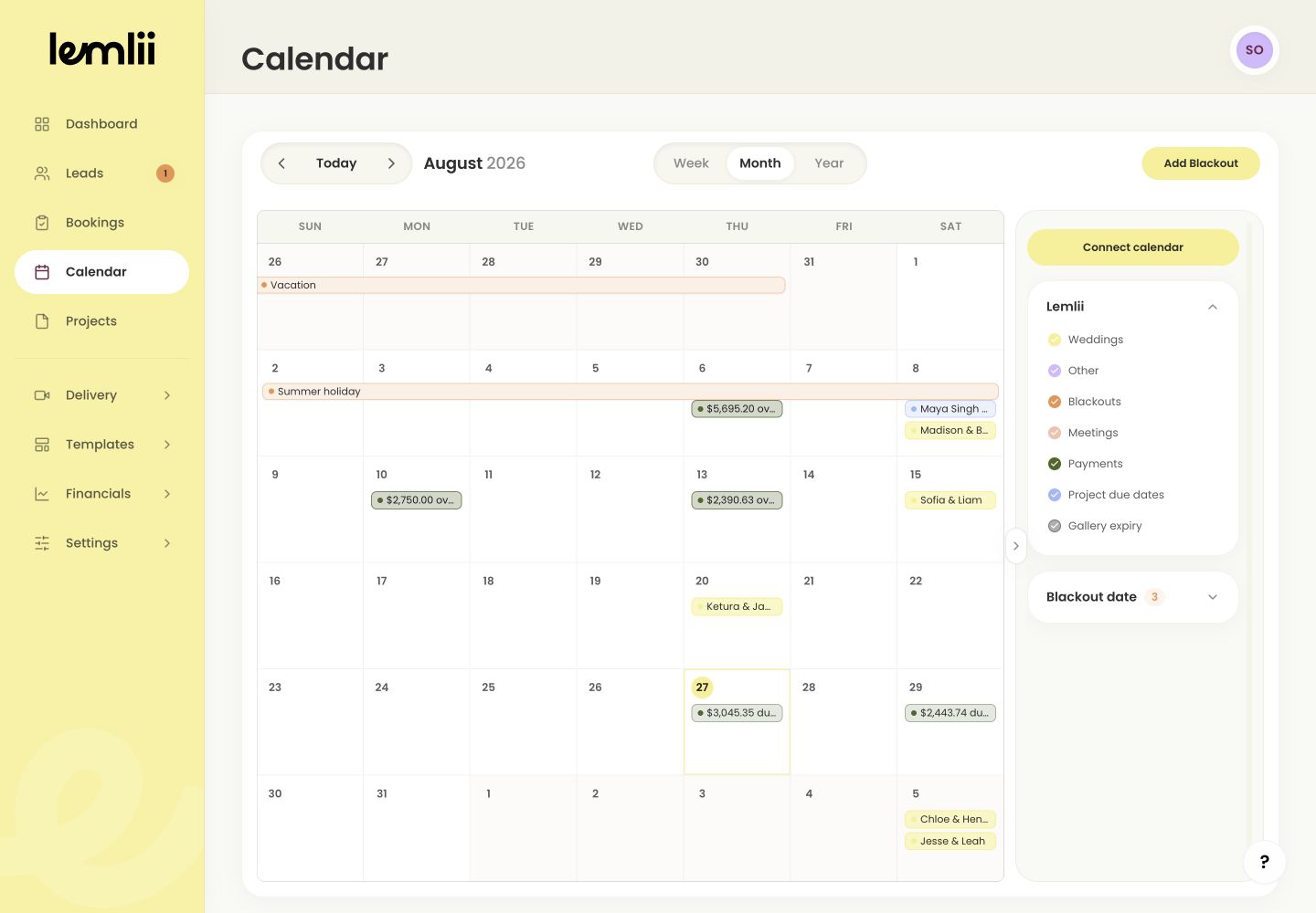 Lemlii Calendar showing a saved blackout and its availability-warning control