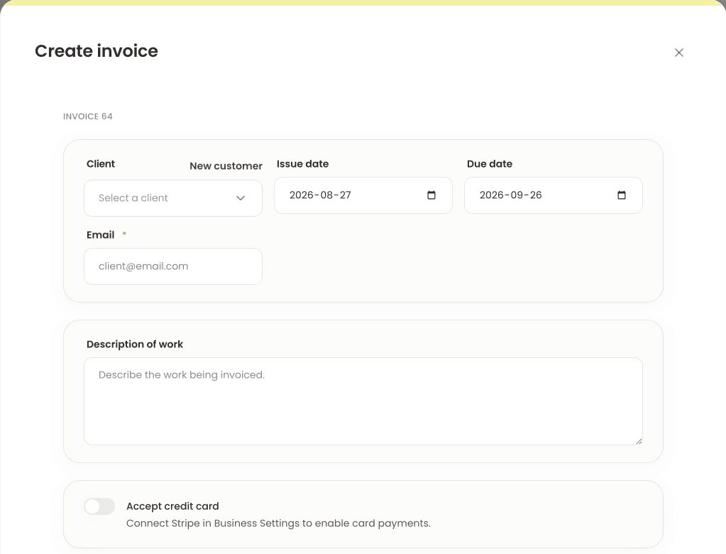 Focused current Lemlii Create invoice window showing the complete client, email, date, and description sections without clipping.