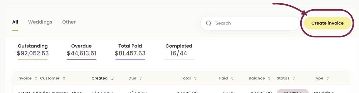 Current Lemlii Invoice page with a mauve arrow and oval identifying Create invoice.