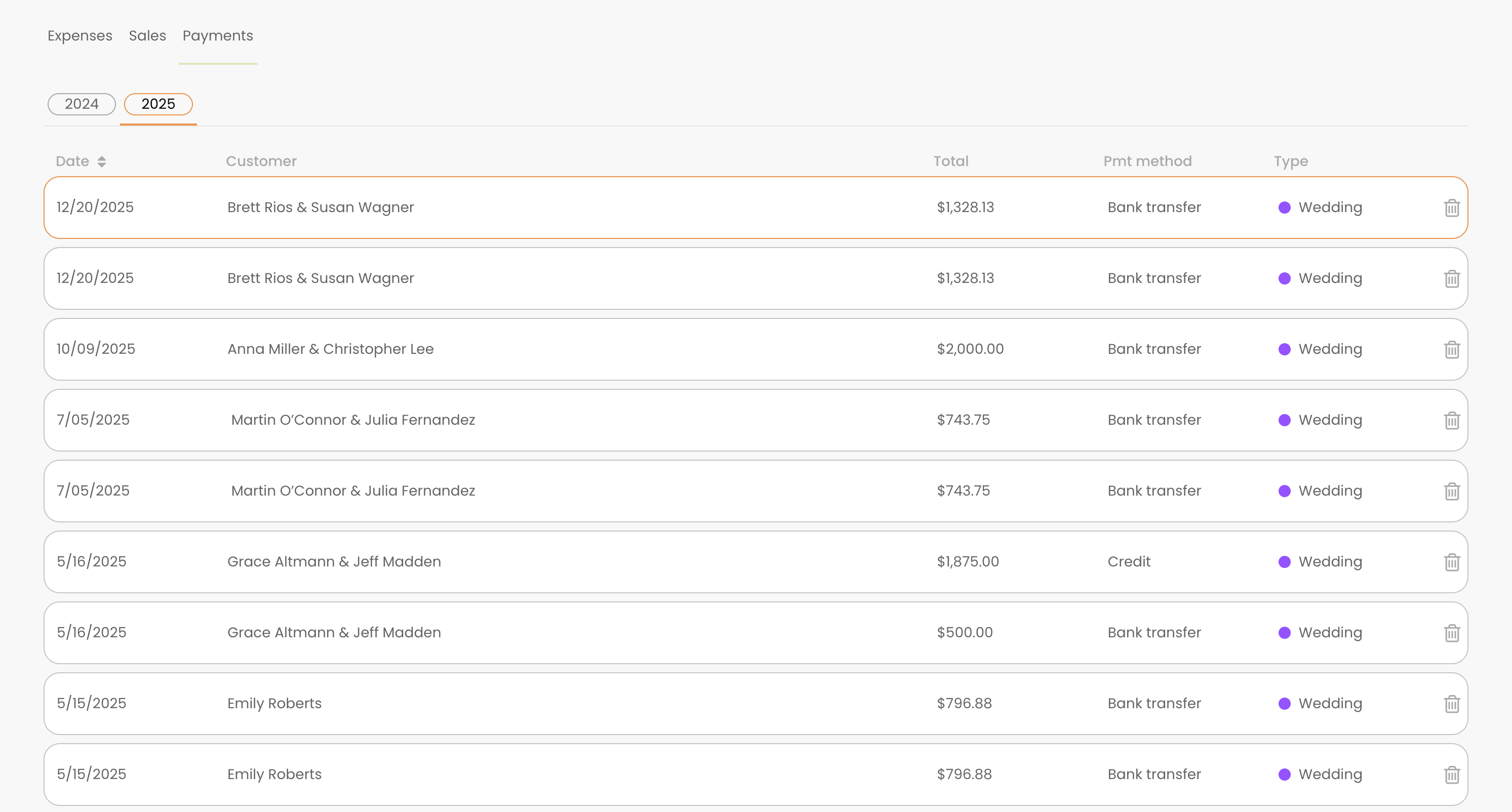 Lemlii Transactions page showing Expenses, Sales, Payments, CSV, and Create expense controls