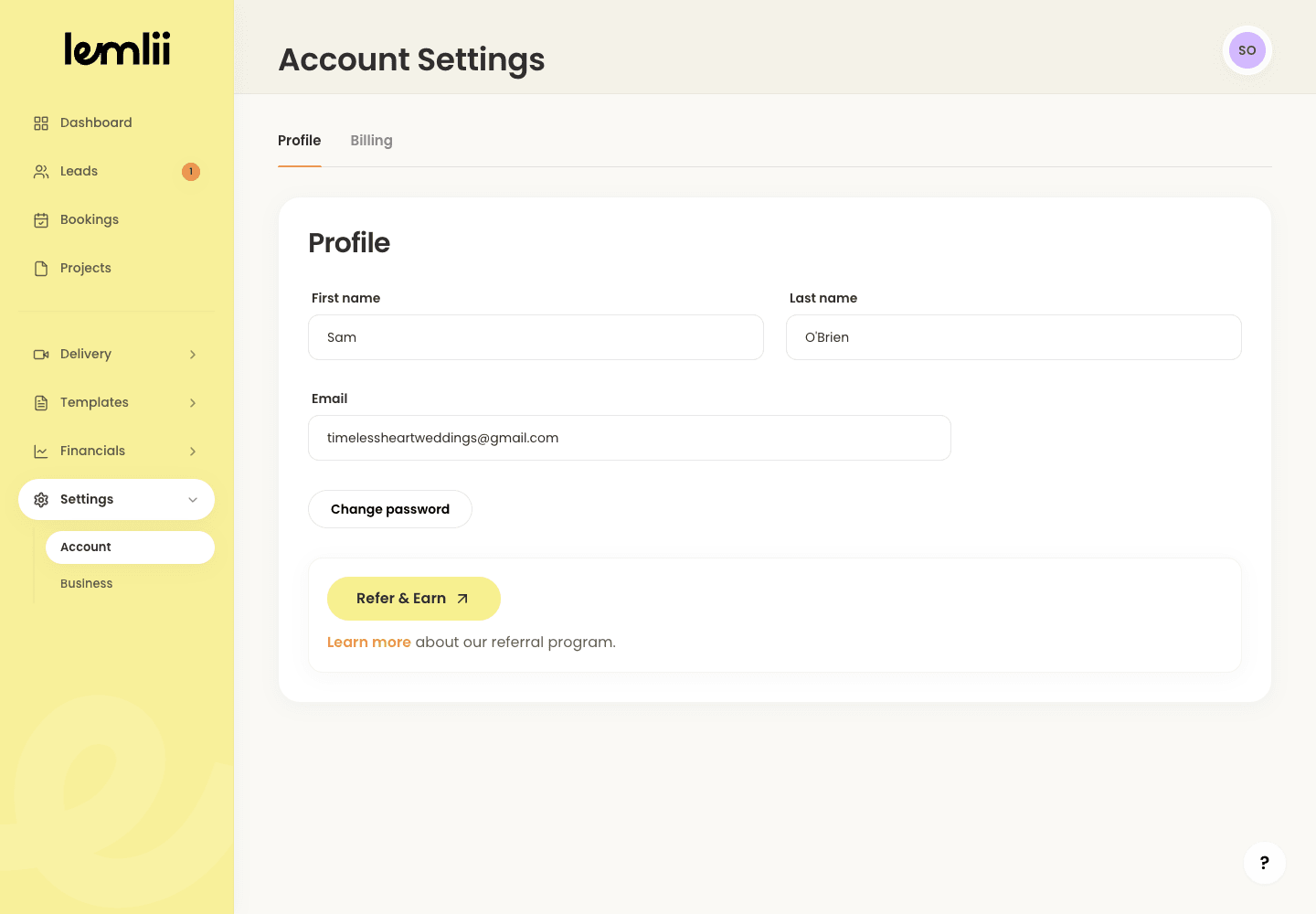 Lemlii Account Settings profile section with first name, last name, and email fields.