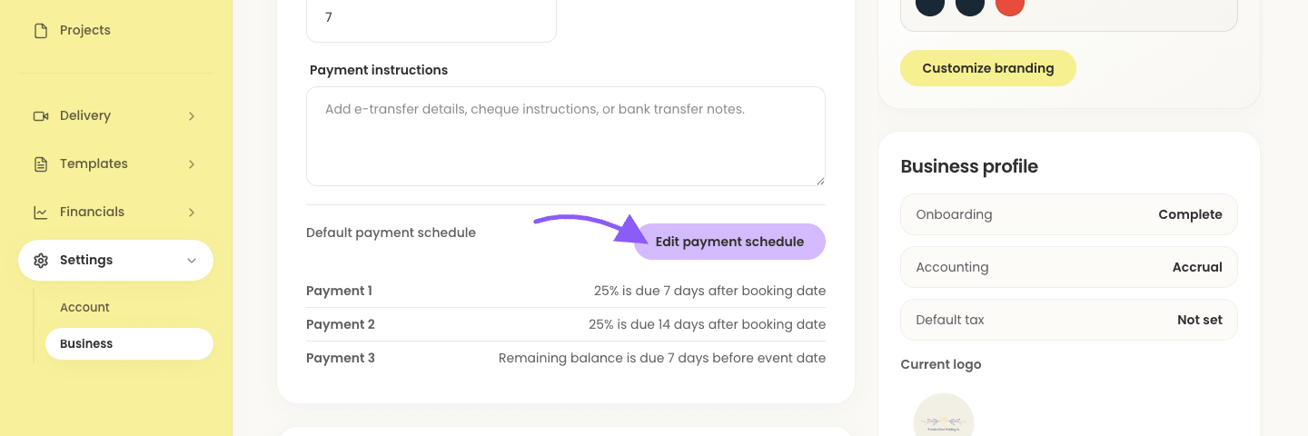 Lemlii Business Settings contract and financial information section with the Edit payment schedule button highlighted.