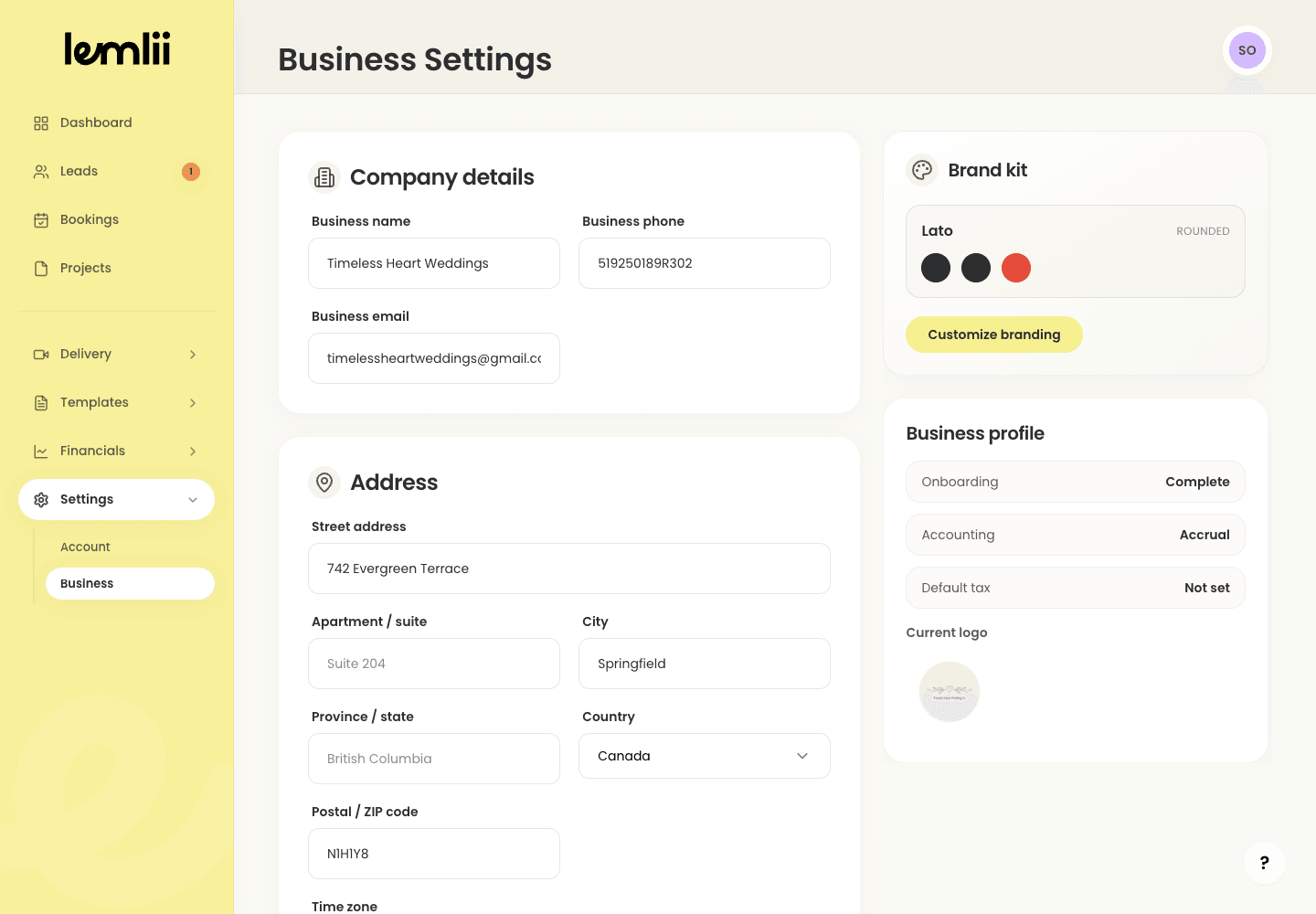 Lemlii Business Settings company details section with business name, email, phone, and address fields.