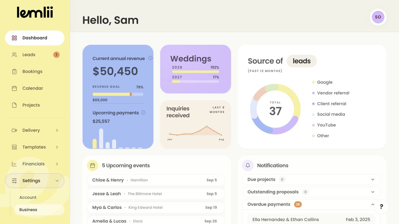 Lemlii navigation with Settings expanded to show Account and Business