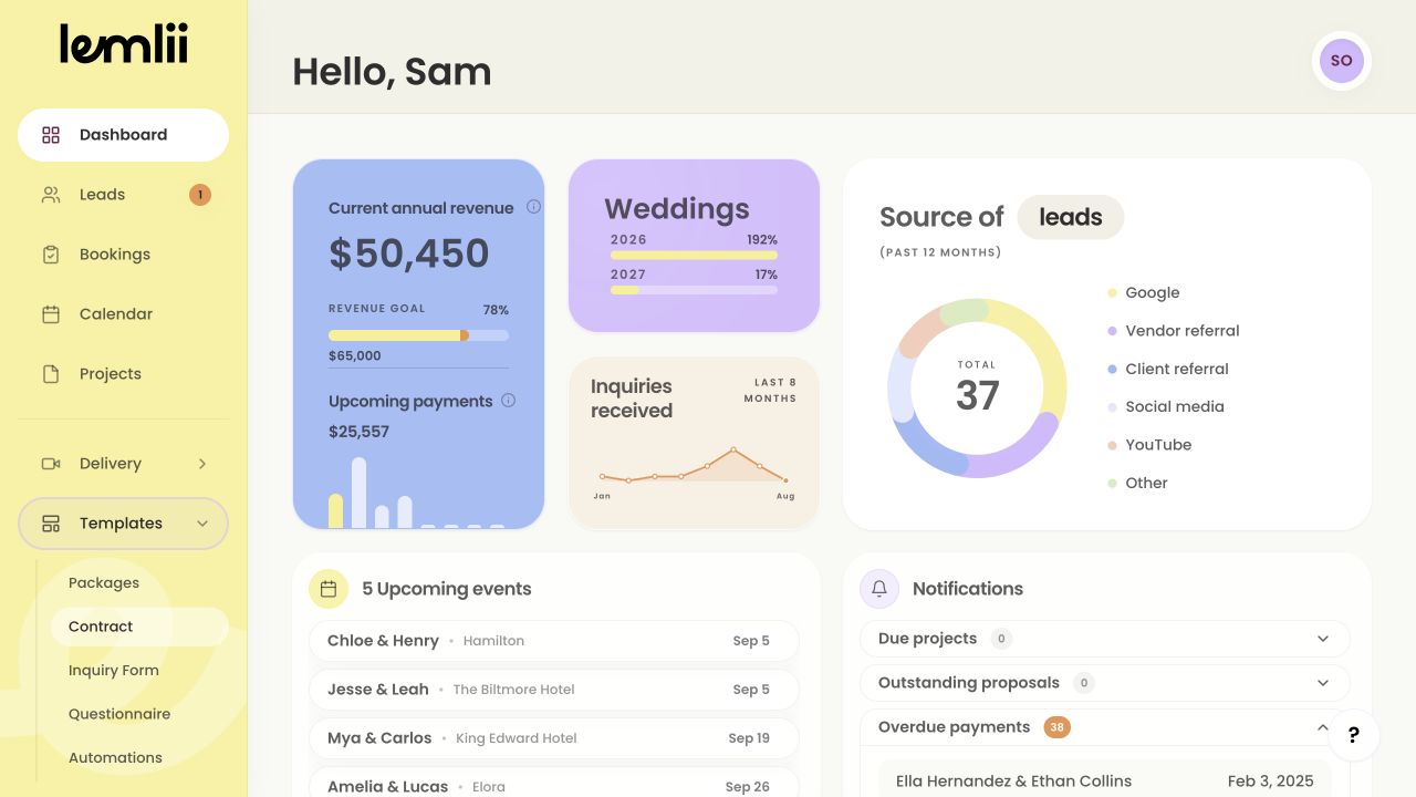 Lemlii navigation with Templates expanded to show Packages, Contract, Inquiry Form, Questionnaire, and Automations