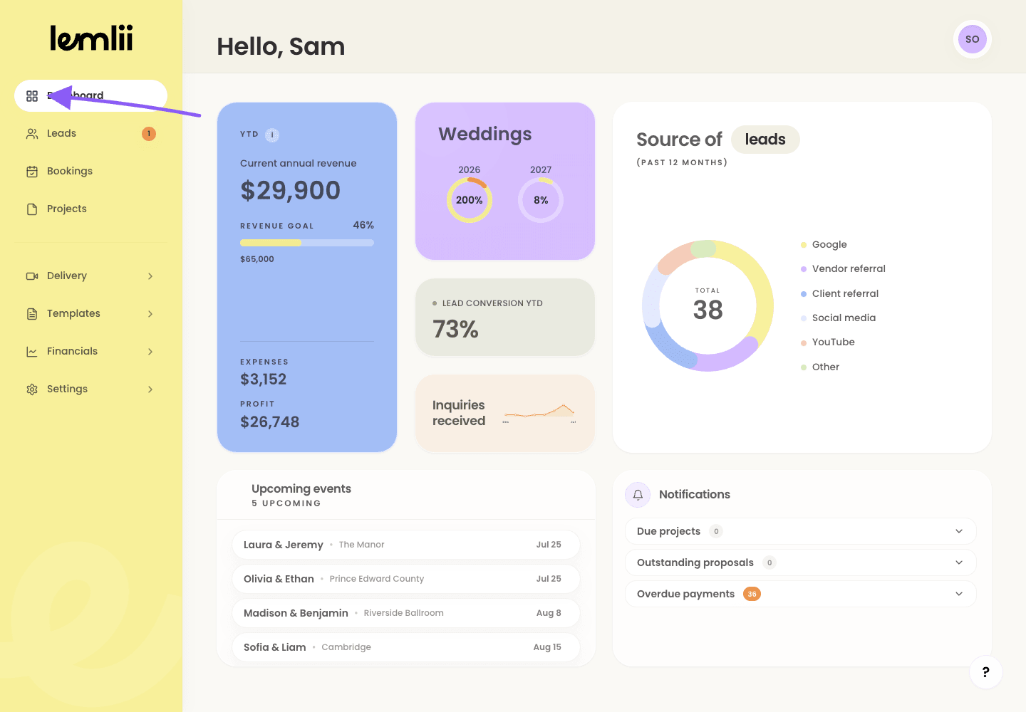 Lemlii workspace sidebar showing Dashboard, Leads, Bookings, Projects, Delivery, Templates, Financials, and Settings.