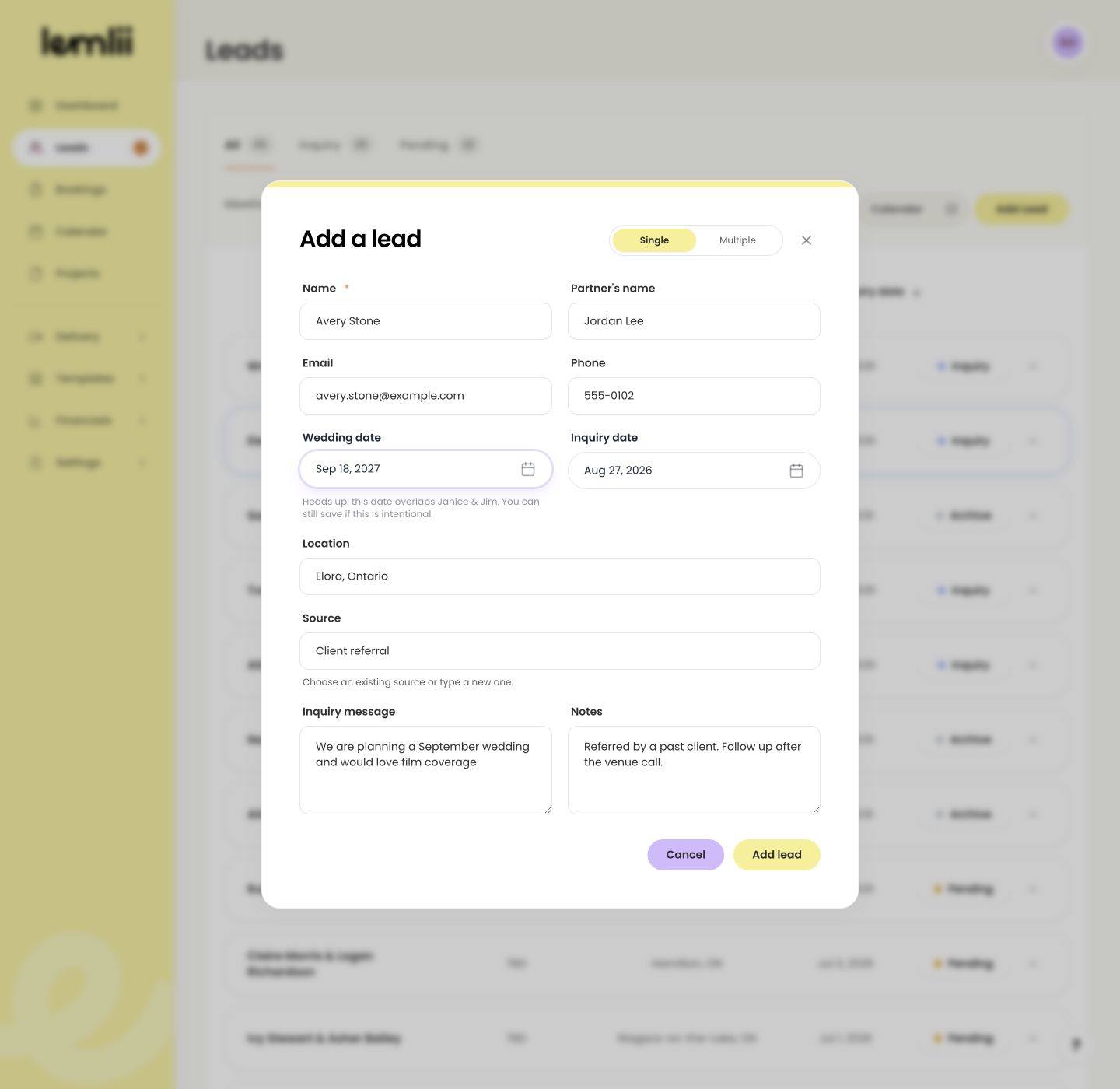 Lemlii Add a lead form filled with fictional contact, event, source, inquiry message, and internal note details.
