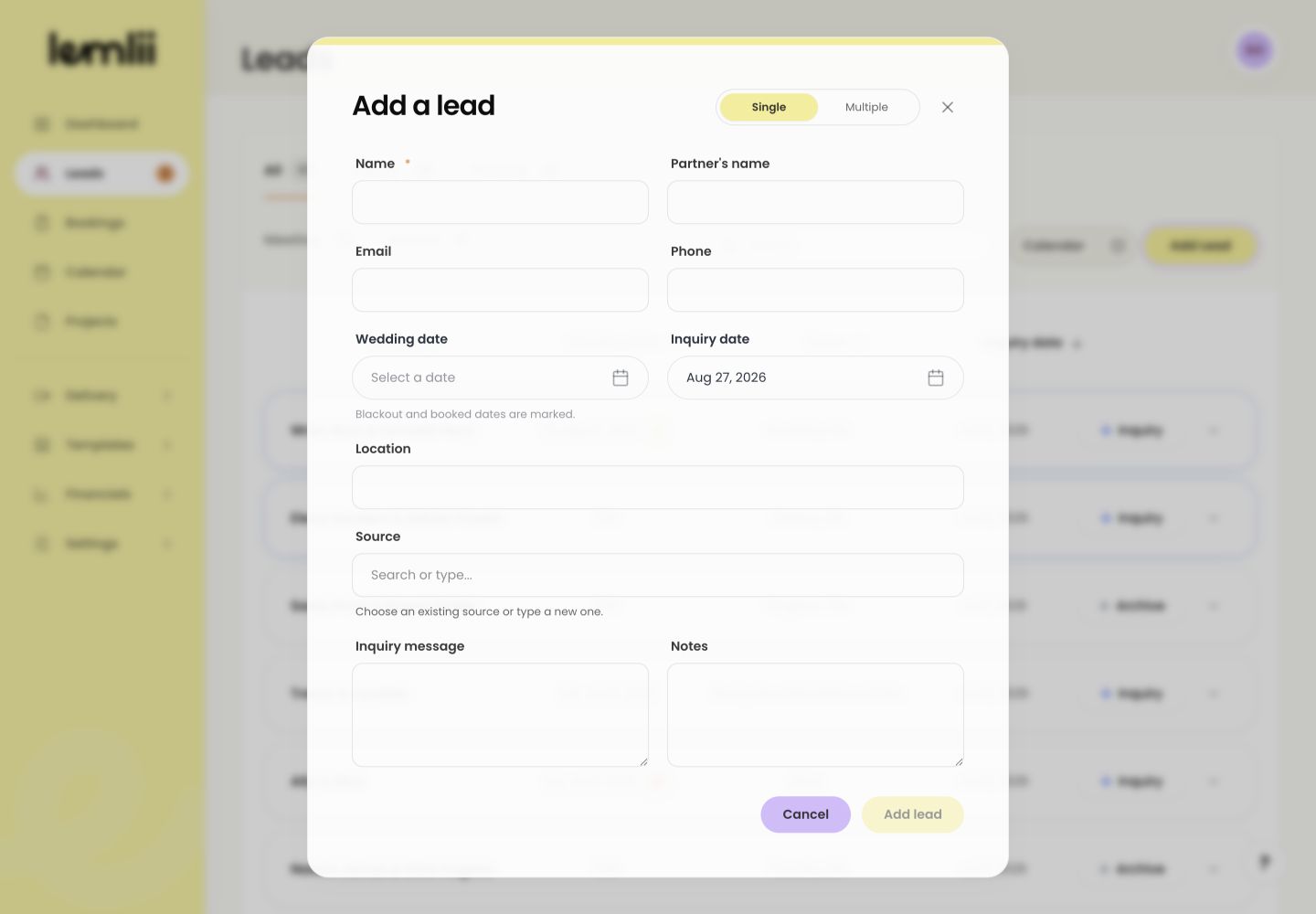 Lemlii Add a lead form with fields for client details, wedding date, source, inquiry message, and notes.