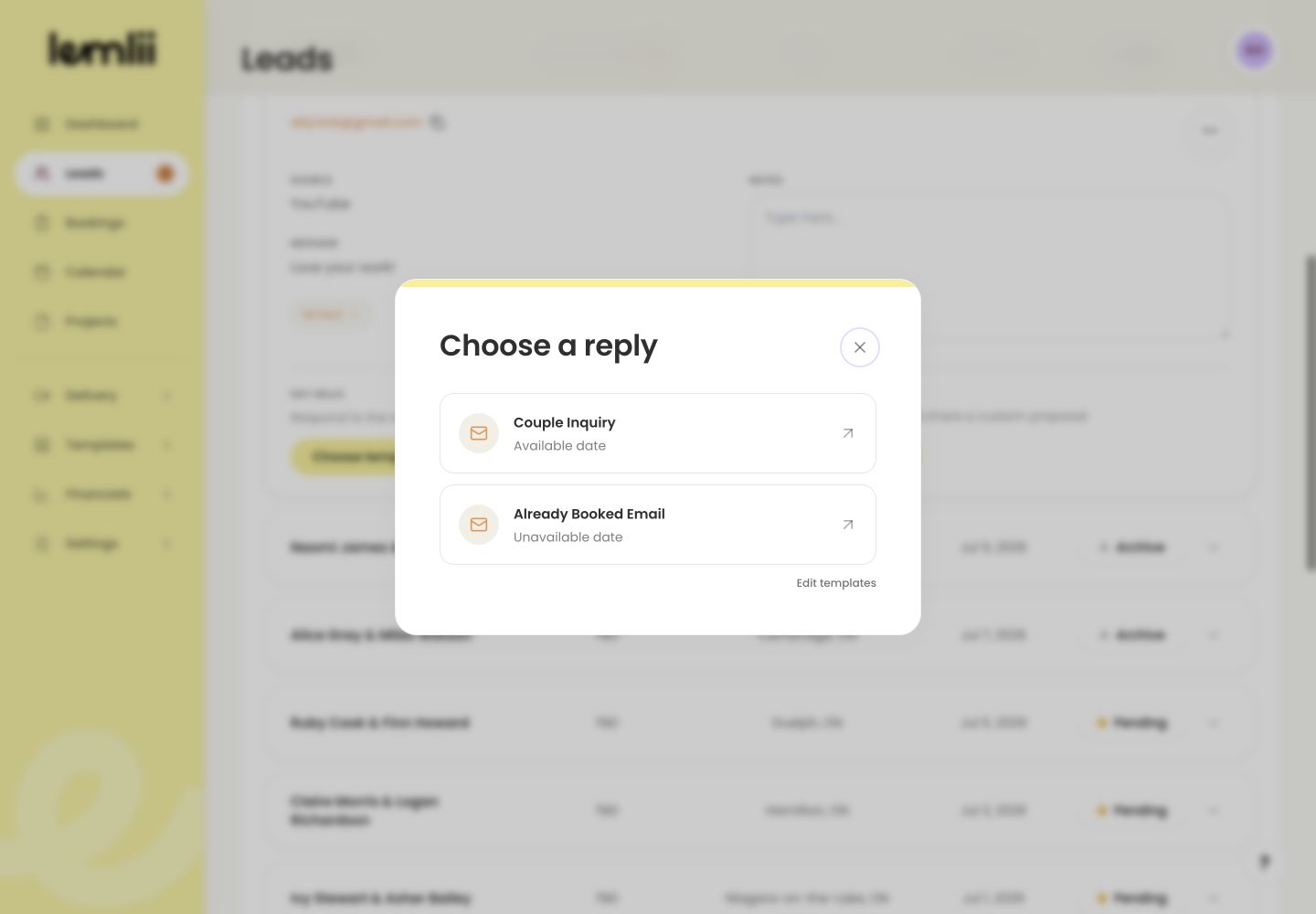 Lemlii Leads row with the Send Email action highlighted.