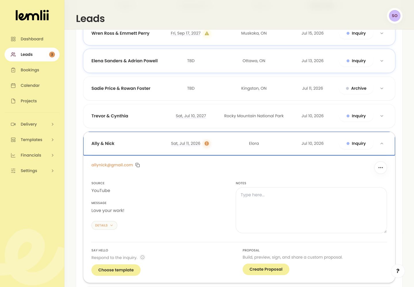 Expanded Lemlii lead showing source, inquiry message, additional details, notes, email, and proposal actions