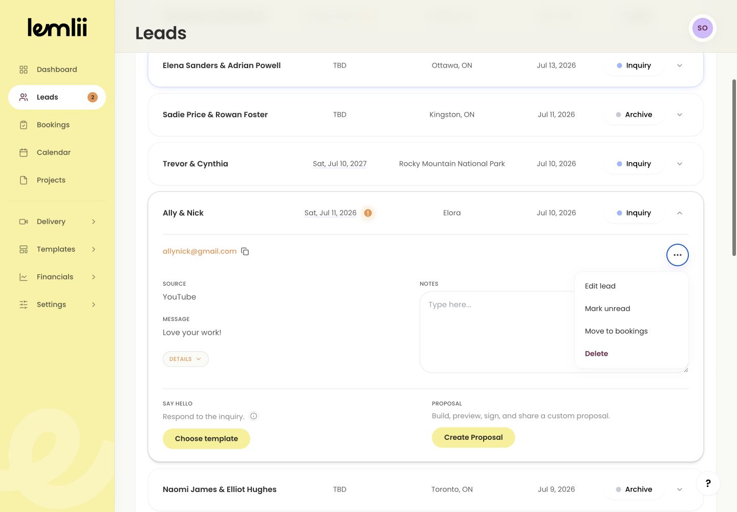 Lemlii lead action menu showing Edit lead and Move to bookings
