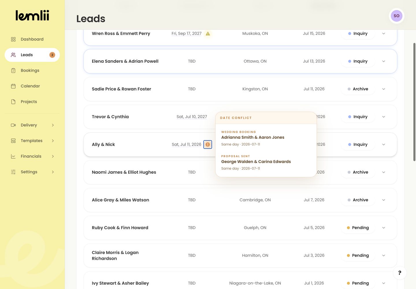 Lemlii lead wedding date showing a Date conflict badge and the related booking or blackout details