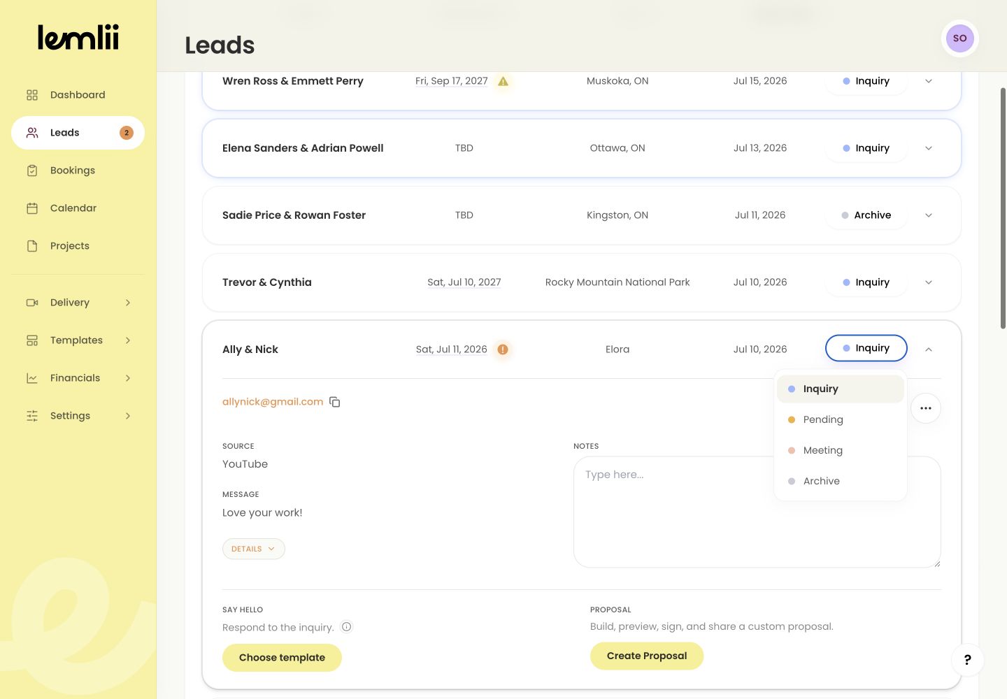 Lemlii lead status menu showing Inquiry, Pending, Meeting, and Archive