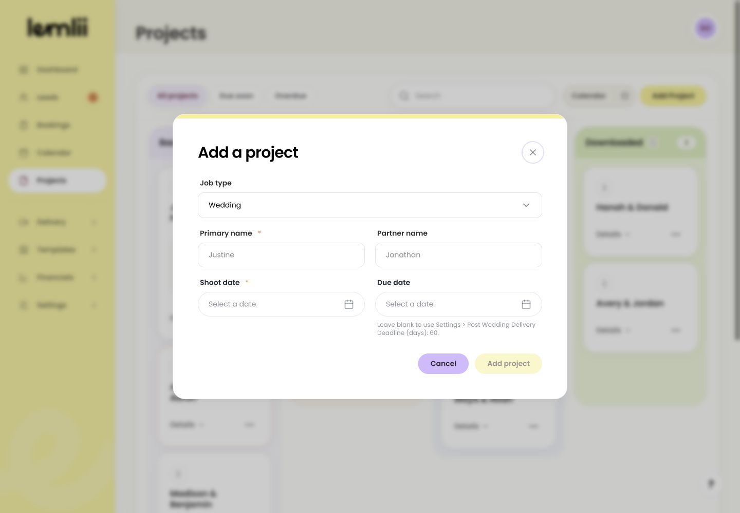 Projects page showing Search, All projects, Due soon, Overdue, and Add Project.