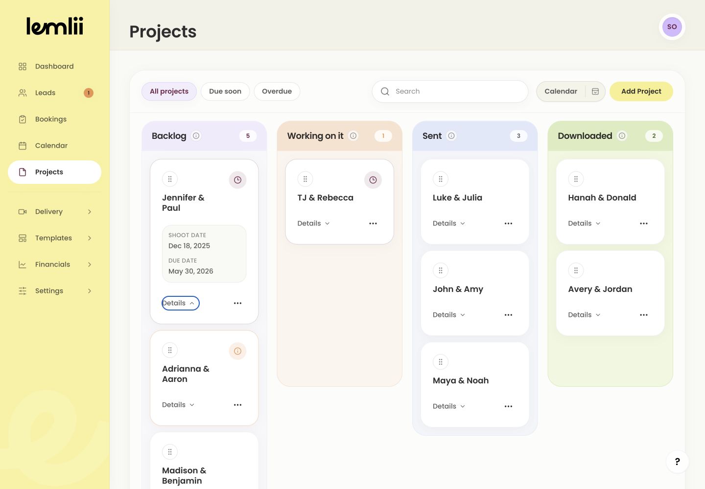 Lemlii Projects board showing Backlog, Working on it, Sent, and Downloaded columns with sample project cards.