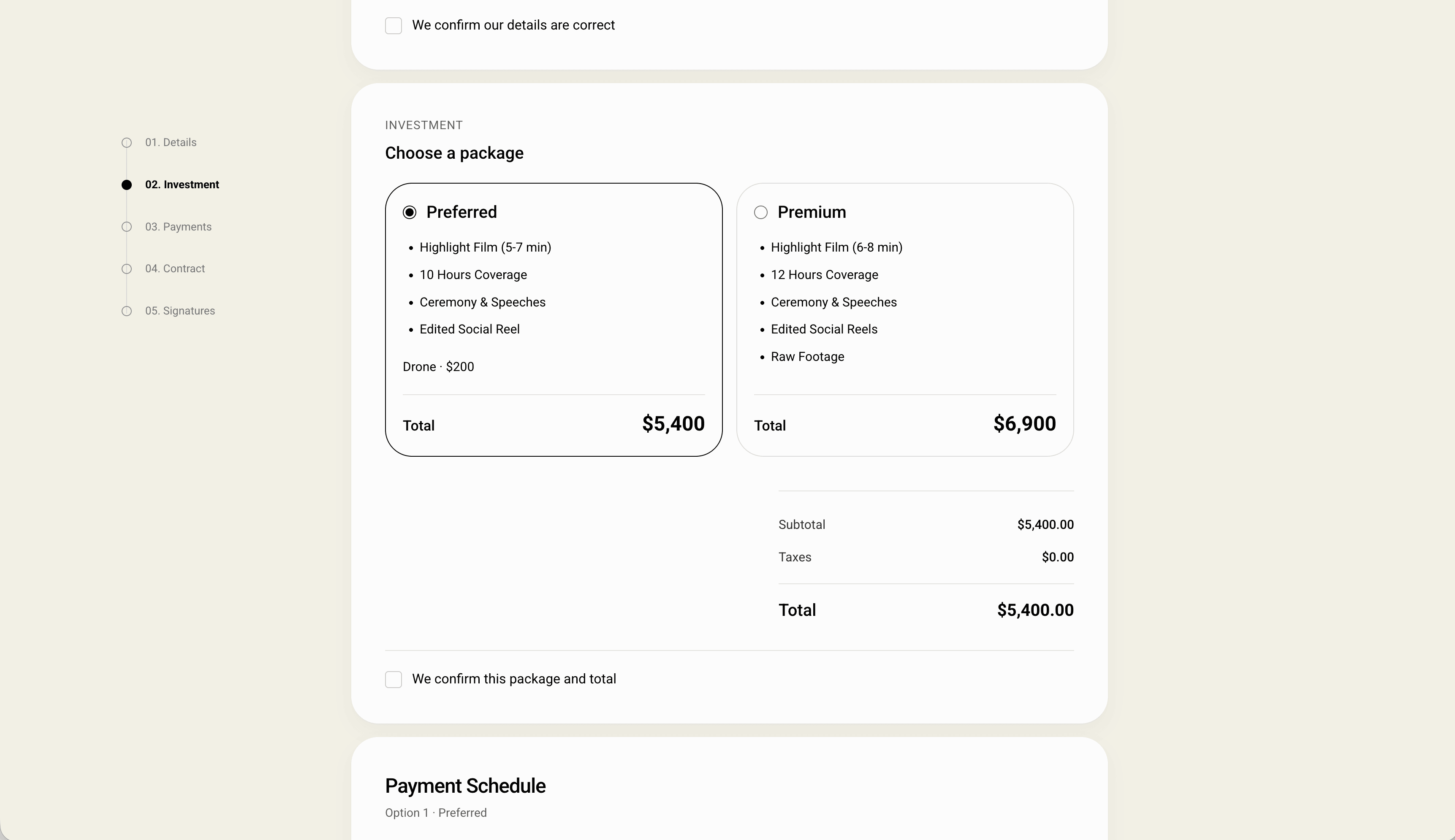 Client Investment section with Preferred selected beside Premium, package totals, and the package confirmation checkbox
