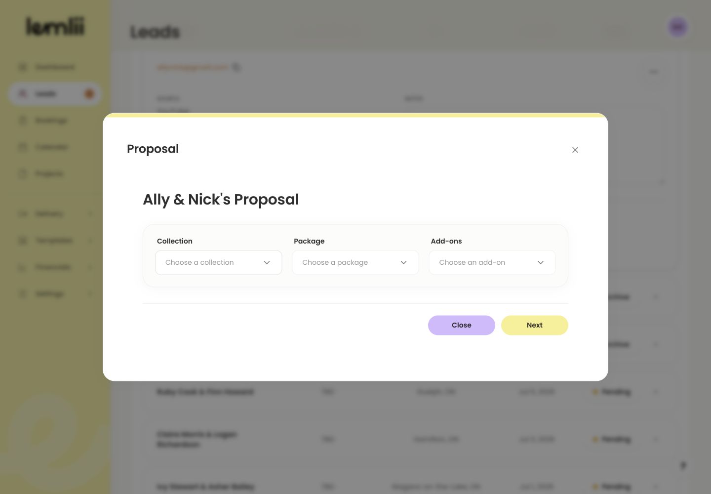 Proposal editor with Collection, Package, and Add-ons selectors