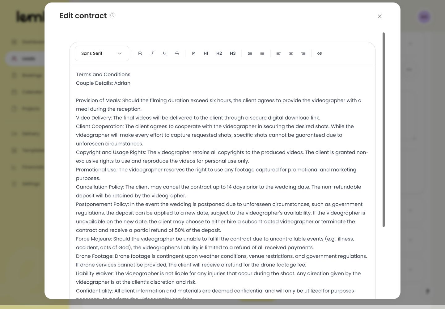 Lemlii contract editor showing proposal-only guidance and Save contract