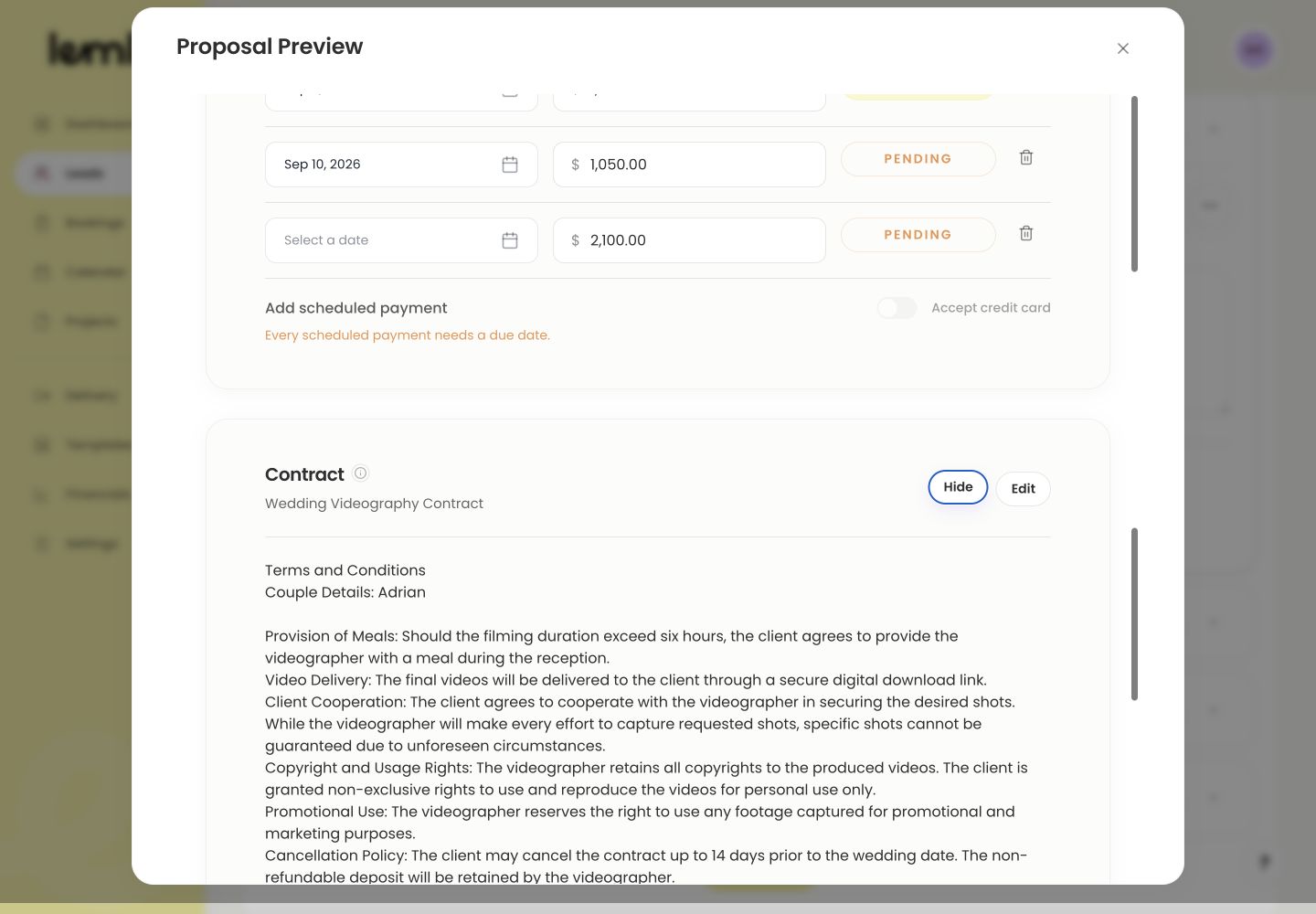 Lemlii Proposal Preview Contract section showing Review and Edit