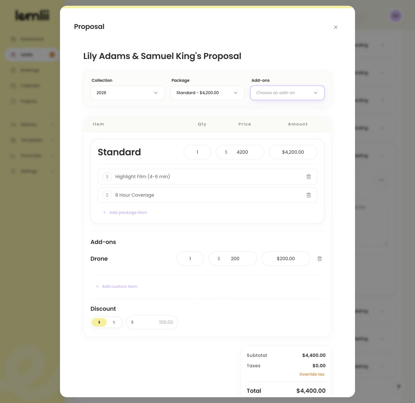 Lemlii proposal preview showing a fictional package and add-ons selected from a package collection.