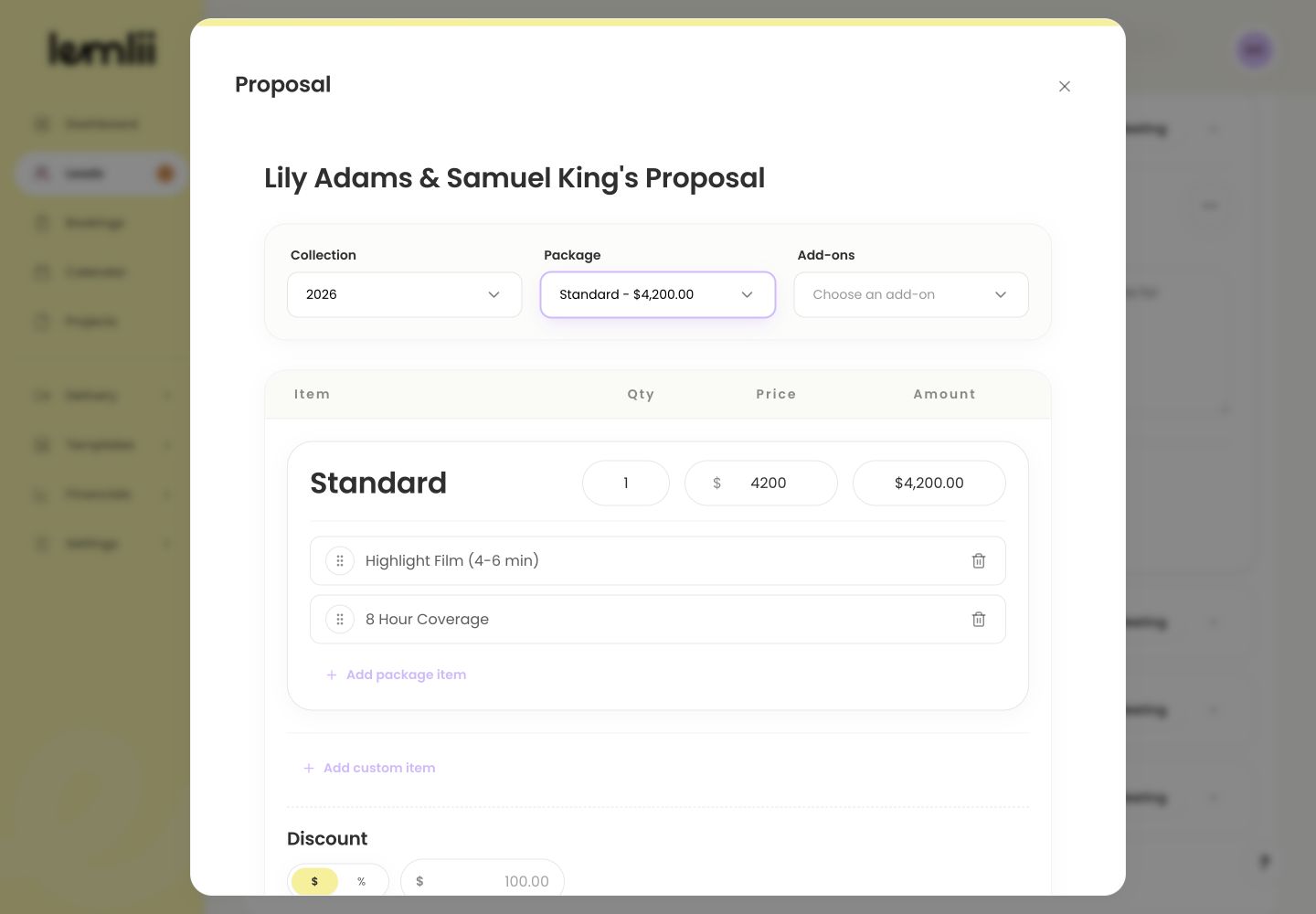 Single-package proposal editor with Collection, Package, Add-ons, included items, and custom item controls
