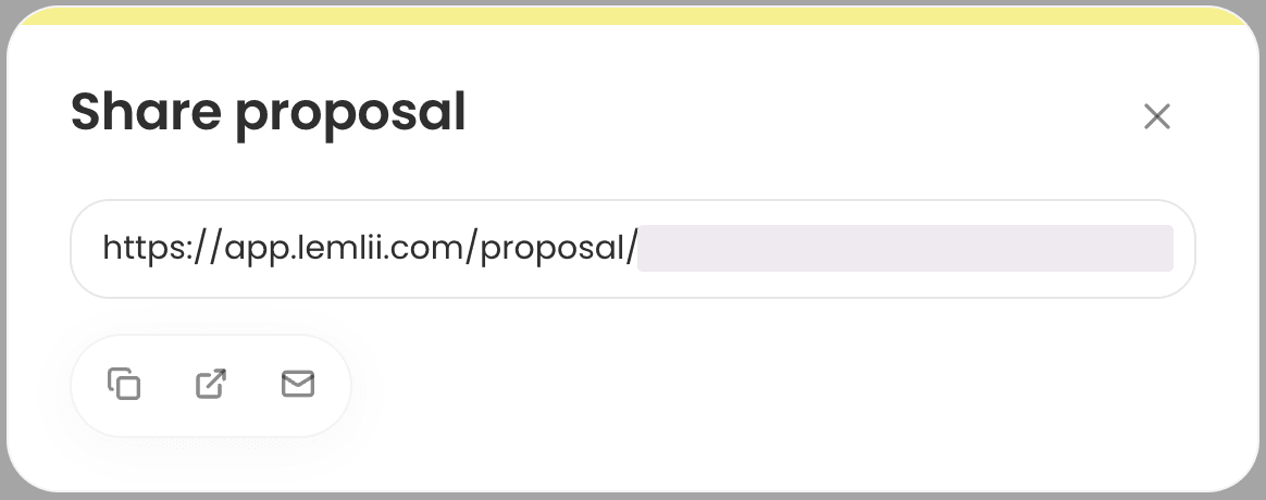 Share proposal window with the private link masked and copy, open, and email actions below