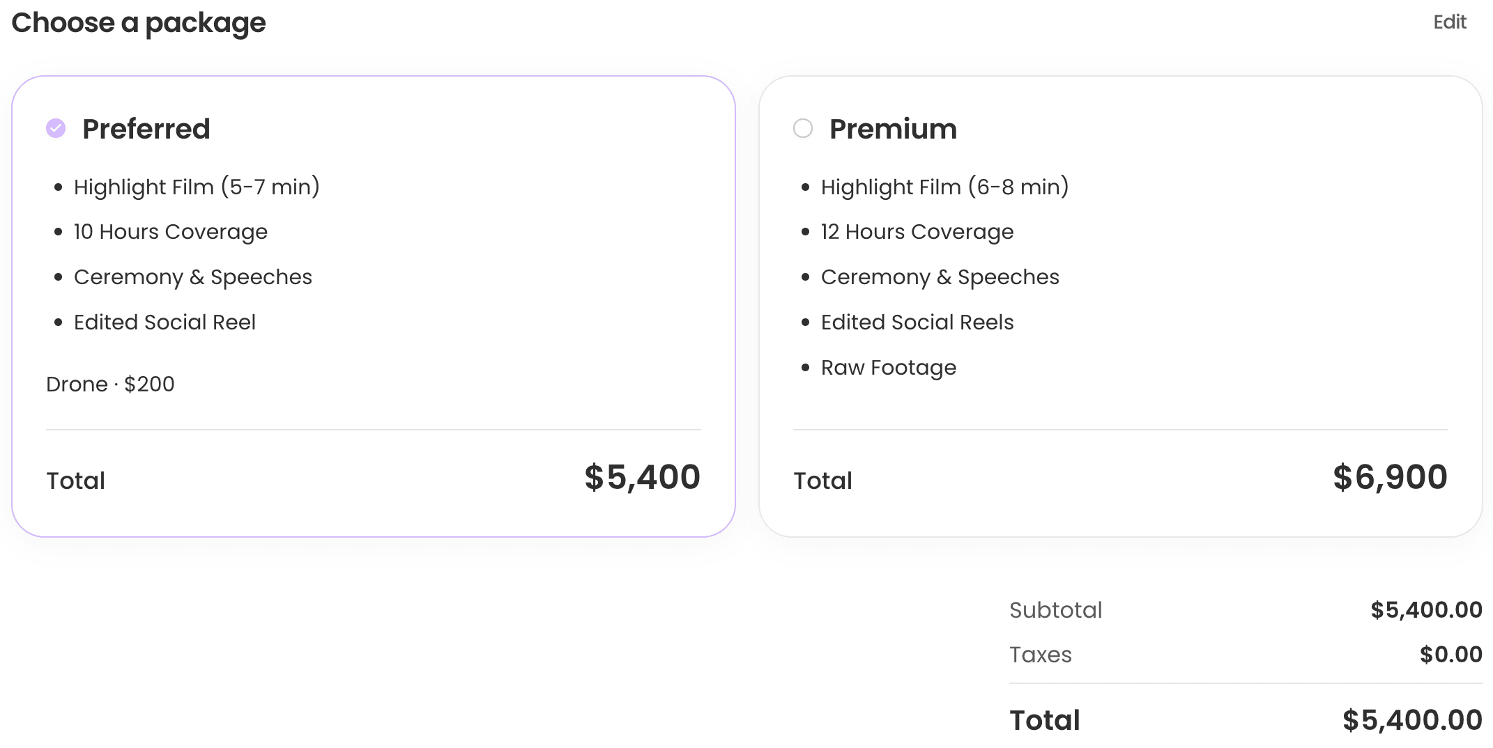 Proposal preview with Preferred selected beside Premium, the selected package total, and Edit in the upper-right corner