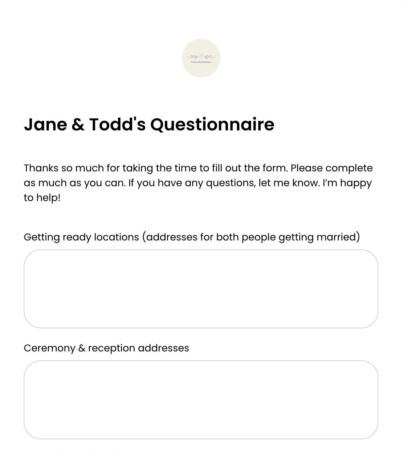 Branded public questionnaire showing required fields, automatic progress saving, and the Complete Questionnaire button.