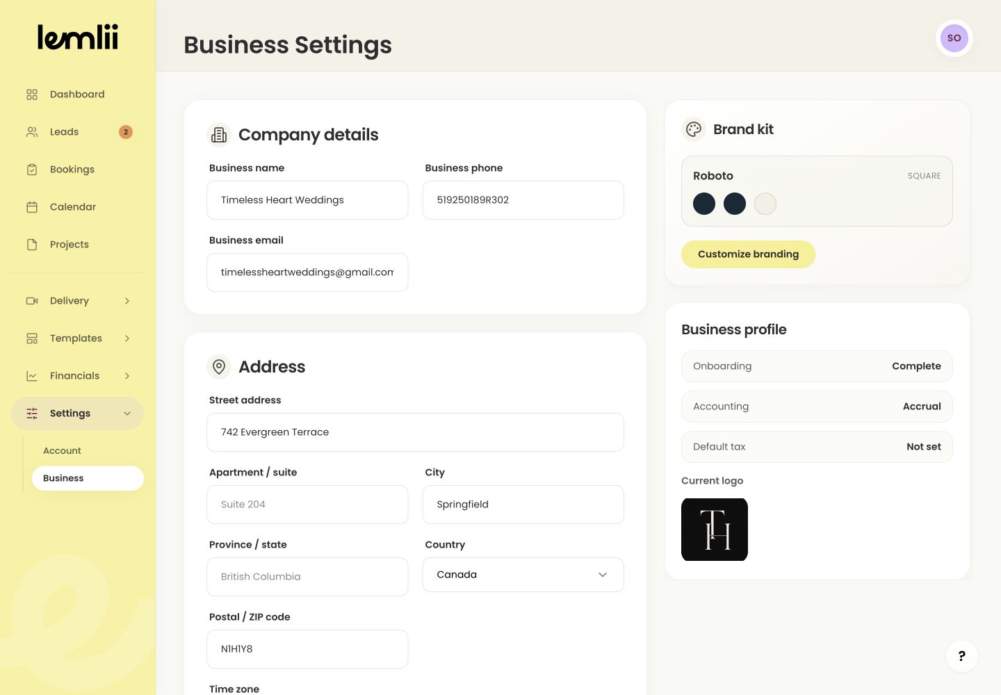 Business Settings showing sample business name, email, phone, and address details.