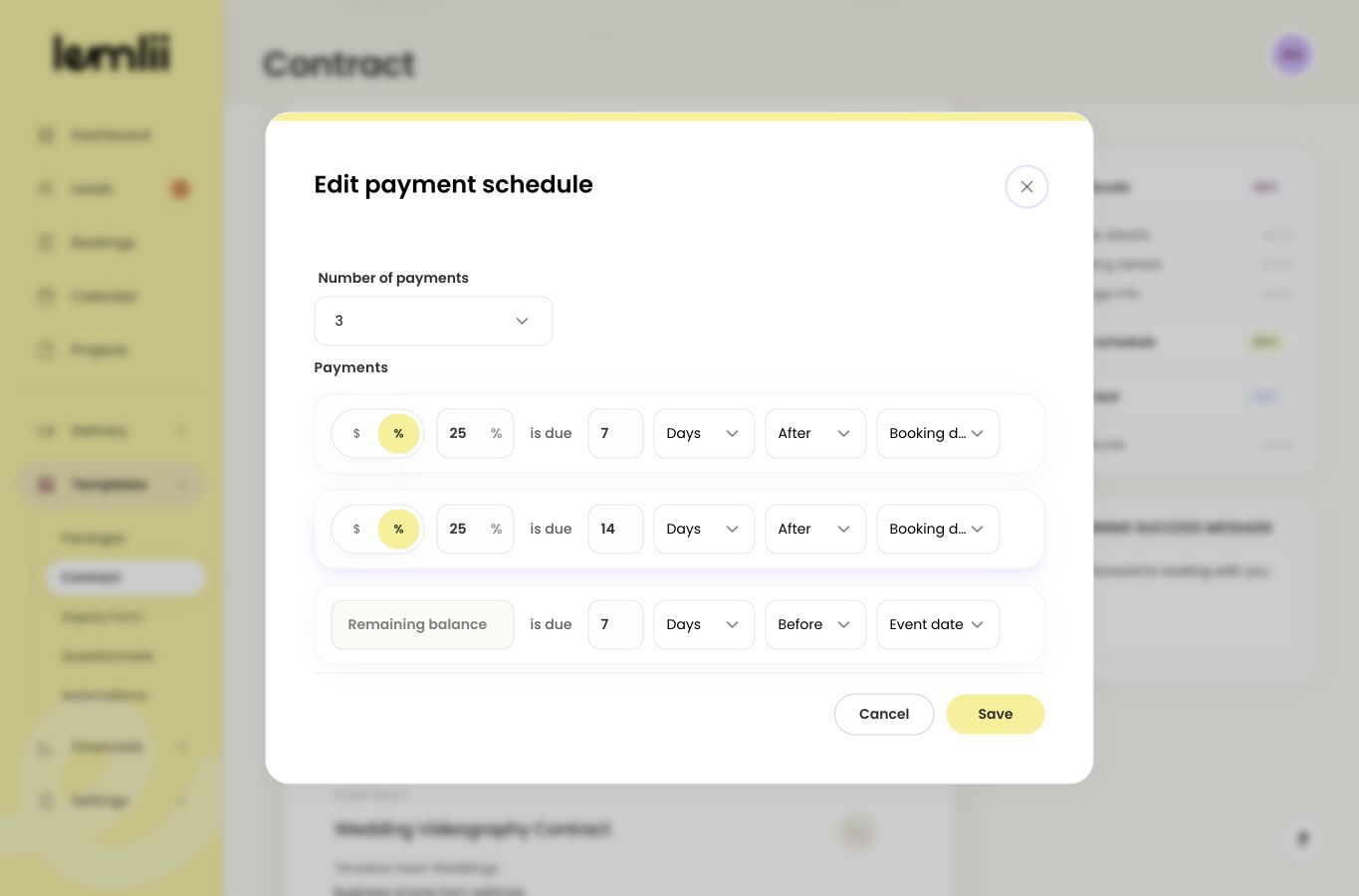 Contract template payment schedule editor showing fictional milestones and Save.