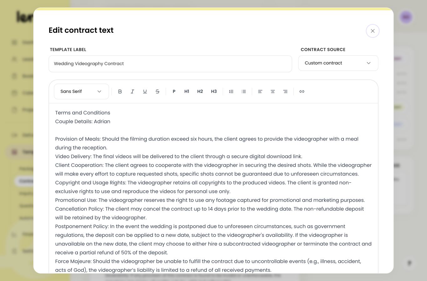 Edit contract text modal showing Template label, Contract source, and the contract editor.