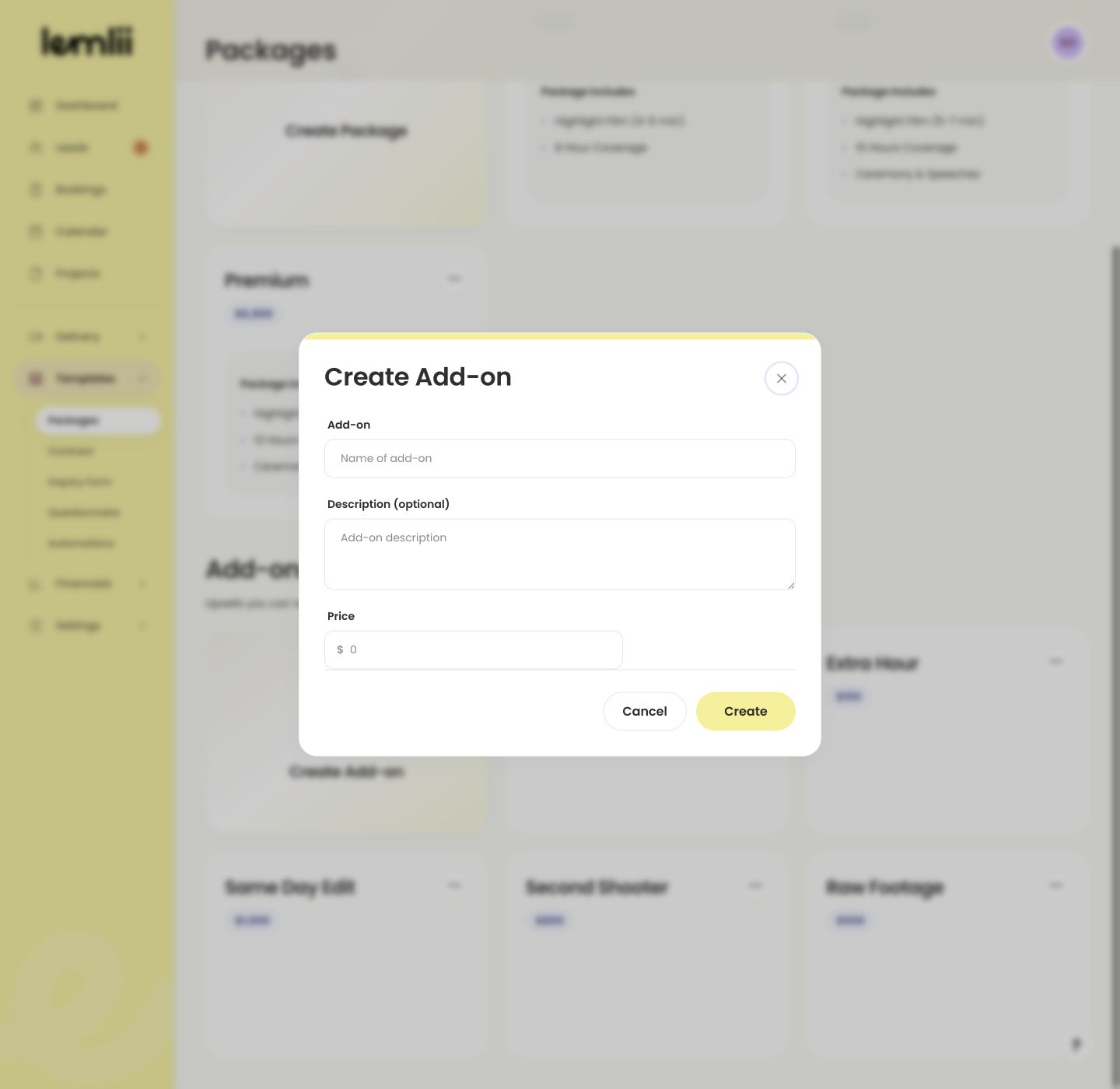 Lemlii Create Add-on form showing Add-on, Description, and Price fields.