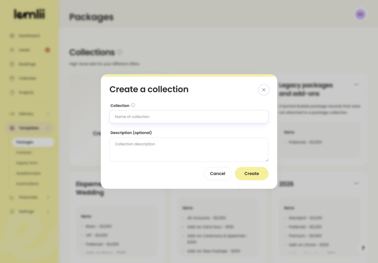 Lemlii Create a collection form showing the Collection and Description fields with the Create button.