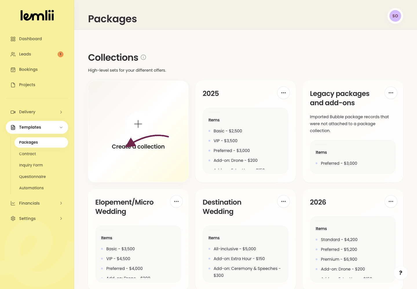 Lemlii package collection page with an arrow pointing to the Create Package card.