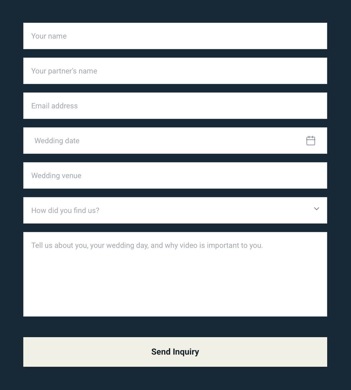 Branded Lemlii inquiry form completed with fictional couple, event, source, and message details.