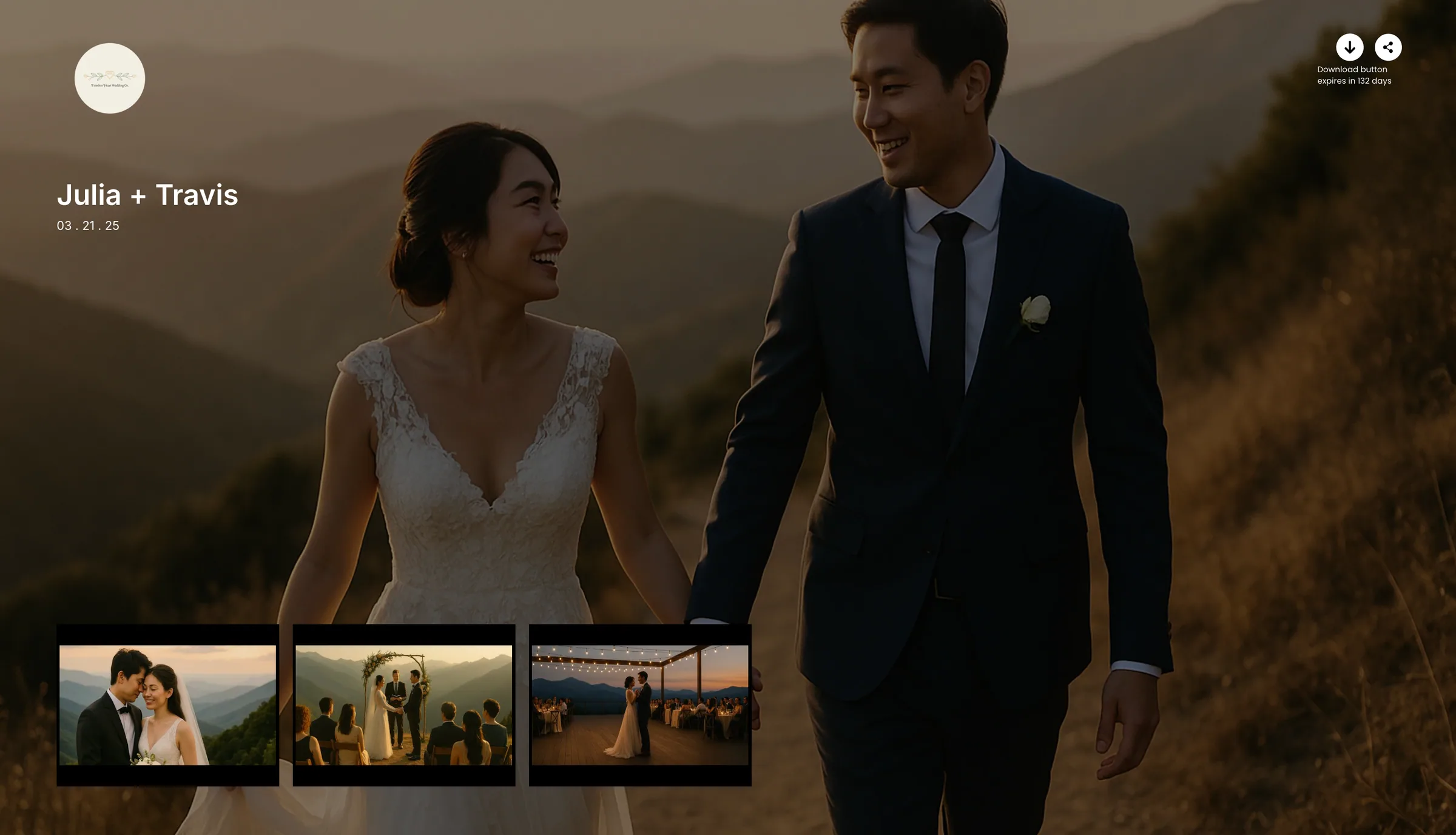 Lemlii client gallery showing wedding films with the videographer’s branding and a download button