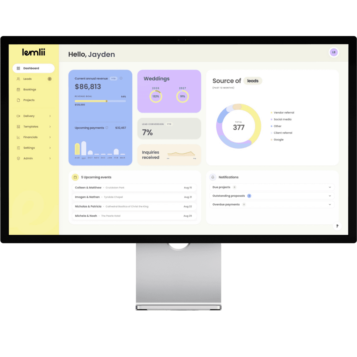 Lemlii wedding videography CRM dashboard showing revenue, bookings, and upcoming shoots