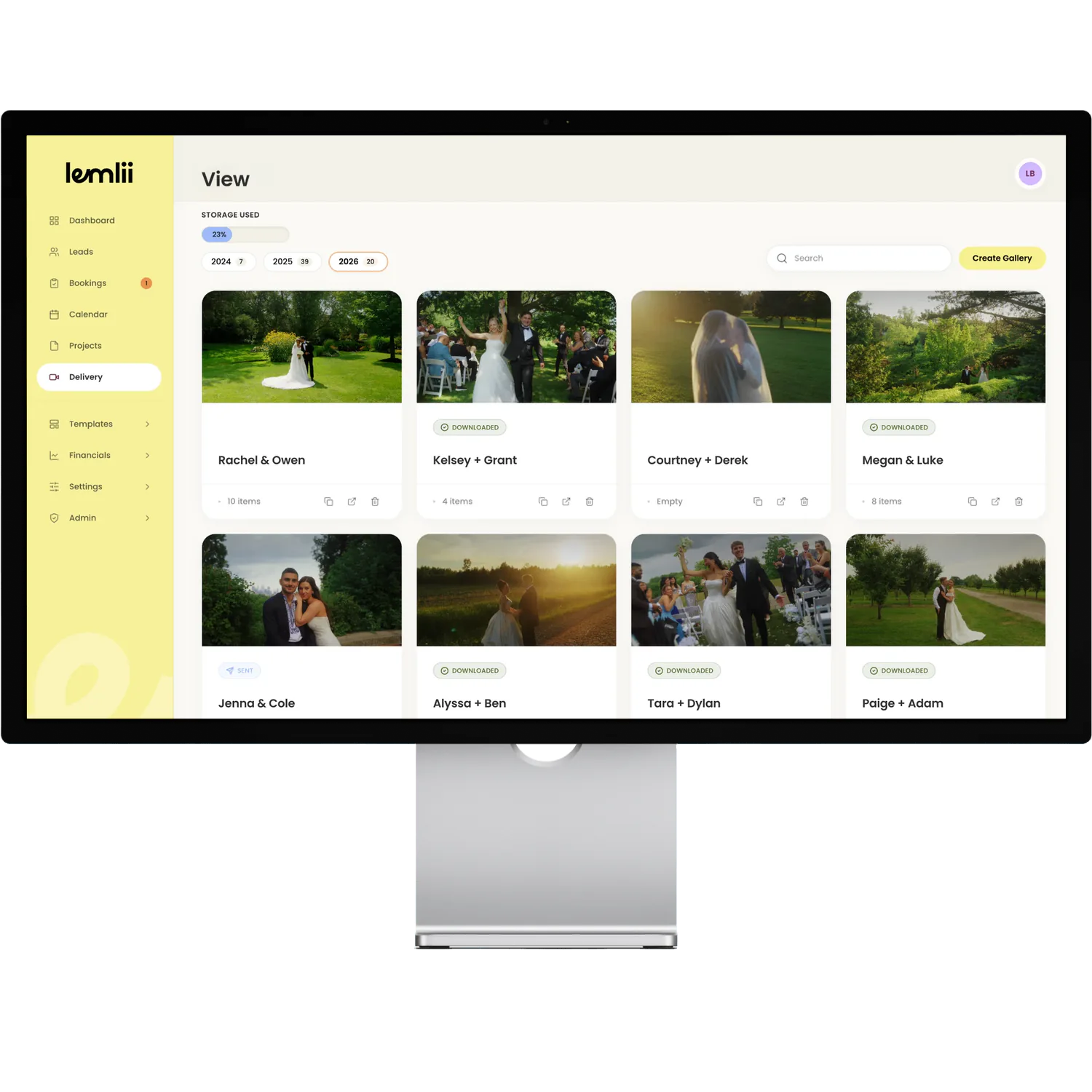 Lemlii delivery page showing a wedding videographer’s film galleries for each couple